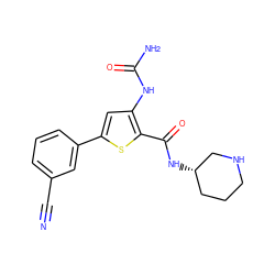 N#Cc1cccc(-c2cc(NC(N)=O)c(C(=O)N[C@H]3CCCNC3)s2)c1 ZINC000084672387