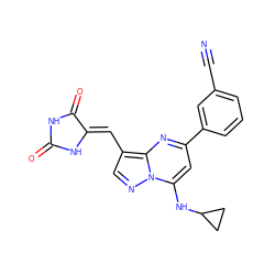 N#Cc1cccc(-c2cc(NC3CC3)n3ncc(/C=C4\NC(=O)NC4=O)c3n2)c1 ZINC000117822331