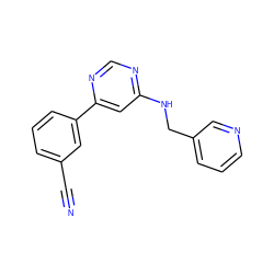 N#Cc1cccc(-c2cc(NCc3cccnc3)ncn2)c1 ZINC000004258378