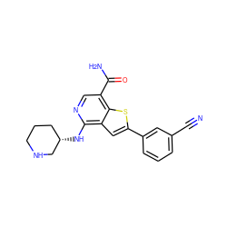 N#Cc1cccc(-c2cc3c(N[C@H]4CCCNC4)ncc(C(N)=O)c3s2)c1 ZINC000064573202