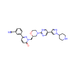 N#Cc1cccc(-c2ccc(=O)n(C[C@@H]3CN(c4ncc(-c5cnn(C6CCNCC6)c5)cn4)CCO3)n2)c1 ZINC000205694212