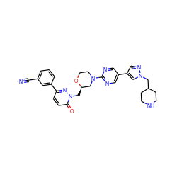 N#Cc1cccc(-c2ccc(=O)n(C[C@@H]3CN(c4ncc(-c5cnn(CC6CCNCC6)c5)cn4)CCO3)n2)c1 ZINC000299819724