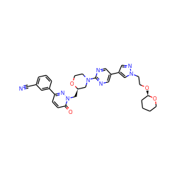 N#Cc1cccc(-c2ccc(=O)n(C[C@@H]3CN(c4ncc(-c5cnn(CCO[C@@H]6CCCCO6)c5)cn4)CCO3)n2)c1 ZINC000299823189