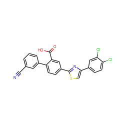 N#Cc1cccc(-c2ccc(-c3nc(-c4ccc(Cl)c(Cl)c4)cs3)cc2C(=O)O)c1 ZINC000219597531