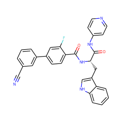 N#Cc1cccc(-c2ccc(C(=O)N[C@@H](Cc3c[nH]c4ccccc34)C(=O)Nc3ccncc3)c(F)c2)c1 ZINC000096930106