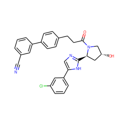 N#Cc1cccc(-c2ccc(CCC(=O)N3C[C@H](O)C[C@H]3c3ncc(-c4cccc(Cl)c4)[nH]3)cc2)c1 ZINC000064549177