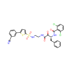 N#Cc1cccc(-c2ccc(S(=O)(=O)NCCNC(=O)C(=O)[C@H](Cc3ccccc3)NC(=O)c3c(Cl)cccc3Cl)s2)c1 ZINC000026403495