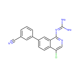 N#Cc1cccc(-c2ccc3c(Cl)cnc(N=C(N)N)c3c2)c1 ZINC000026980583