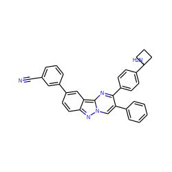 N#Cc1cccc(-c2ccc3nn4cc(-c5ccccc5)c(-c5ccc(C6(N)CCC6)cc5)nc4c3c2)c1 ZINC000143454664