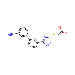 N#Cc1cccc(-c2cccc(-c3nc(SCC(=O)O)n[nH]3)c2)c1 ZINC000205444333