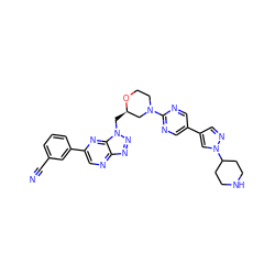 N#Cc1cccc(-c2cnc3nnn(C[C@@H]4CN(c5ncc(-c6cnn(C7CCNCC7)c6)cn5)CCO4)c3n2)c1 ZINC001772651439