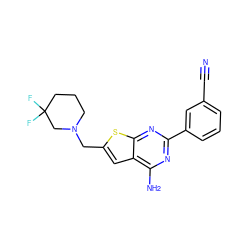 N#Cc1cccc(-c2nc(N)c3cc(CN4CCCC(F)(F)C4)sc3n2)c1 ZINC000118592890