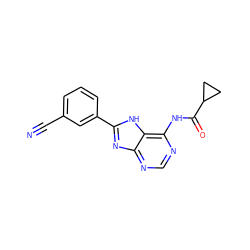 N#Cc1cccc(-c2nc3ncnc(NC(=O)C4CC4)c3[nH]2)c1 ZINC000058638816