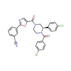 N#Cc1cccc(-c2ncc(C(=O)N3CCN(C(=O)c4ccc(Br)cc4)[C@H](c4ccc(Cl)cc4)C3)o2)c1 ZINC001772587972