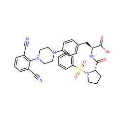 N#Cc1cccc(C#N)c1N1CCN(c2ccc(C[C@H](NC(=O)[C@@H]3CCCN3S(=O)(=O)c3ccccc3)C(=O)O)cc2)CC1 ZINC000028978697