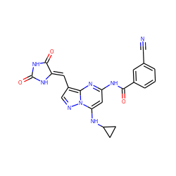 N#Cc1cccc(C(=O)Nc2cc(NC3CC3)n3ncc(/C=C4\NC(=O)NC4=O)c3n2)c1 ZINC000205029414