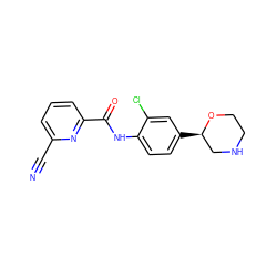 N#Cc1cccc(C(=O)Nc2ccc([C@@H]3CNCCO3)cc2Cl)n1 ZINC000149948536