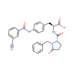 N#Cc1cccc(C(=O)Nc2ccc(C[C@H](NC(=O)[C@@H]3CCC(=O)N3Cc3ccccc3)C(=O)O)cc2)c1 ZINC000027844002