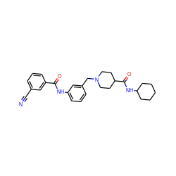 N#Cc1cccc(C(=O)Nc2cccc(CN3CCC(C(=O)NC4CCCCC4)CC3)c2)c1 ZINC001772625718