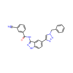 N#Cc1cccc(C(=O)Nc2n[nH]c3ccc(-c4cn(Cc5ccccc5)nn4)cc23)c1 ZINC000063539980