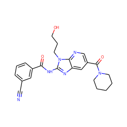 N#Cc1cccc(C(=O)Nc2nc3cc(C(=O)N4CCCCC4)cnc3n2CCCO)c1 ZINC000064504076