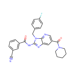 N#Cc1cccc(C(=O)Nc2nc3cc(C(=O)N4CCCCC4)cnc3n2Cc2ccc(F)cc2)c1 ZINC000064527855