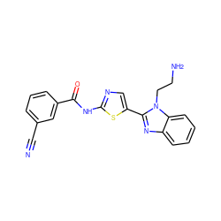 N#Cc1cccc(C(=O)Nc2ncc(-c3nc4ccccc4n3CCN)s2)c1 ZINC000653808307