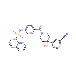 N#Cc1cccc(C2(O)CCN(C(=O)c3ccc(NS(=O)(=O)c4cccc5cccnc45)cc3)CC2)c1 ZINC000221271594