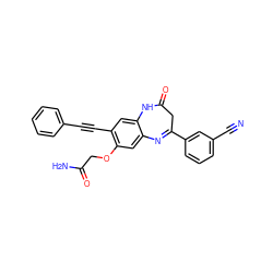 N#Cc1cccc(C2=Nc3cc(OCC(N)=O)c(C#Cc4ccccc4)cc3NC(=O)C2)c1 ZINC000101155421