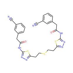 N#Cc1cccc(CC(=O)Nc2nnc(CCSCCc3nnc(NC(=O)Cc4cccc(C#N)c4)s3)s2)c1 ZINC000169697916