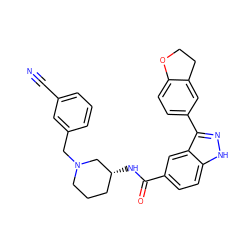 N#Cc1cccc(CN2CCC[C@@H](NC(=O)c3ccc4[nH]nc(-c5ccc6c(c5)CCO6)c4c3)C2)c1 ZINC000147785859