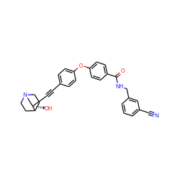 N#Cc1cccc(CNC(=O)c2ccc(Oc3ccc(C#C[C@]4(O)CN5CCC4CC5)cc3)cc2)c1 ZINC000073219651