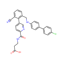 N#Cc1cccc(CNc2ccc(-c3ccc(Cl)cc3)cc2)c1-c1ccc(C(=O)NCCC(=O)O)nc1 ZINC000148349997