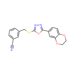 N#Cc1cccc(CSc2nnc(-c3ccc4c(c3)OCCO4)o2)c1 ZINC000084669246