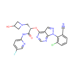 N#Cc1cccc(Cl)c1-n1ncc2c(O[C@@H](CN3CC(O)C3)C(=O)Nc3ccc(F)cn3)ncnc21 ZINC000114685874