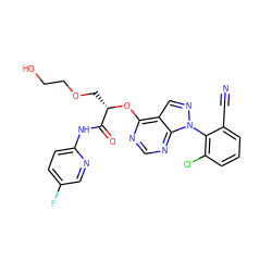 N#Cc1cccc(Cl)c1-n1ncc2c(O[C@@H](COCCO)C(=O)Nc3ccc(F)cn3)ncnc21 ZINC000114685419