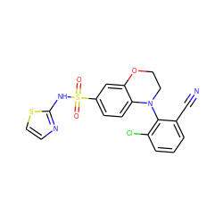 N#Cc1cccc(Cl)c1N1CCOc2cc(S(=O)(=O)Nc3nccs3)ccc21 ZINC000220206509