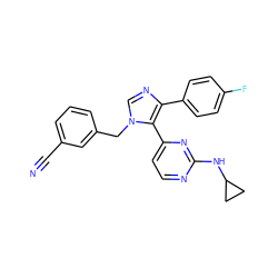 N#Cc1cccc(Cn2cnc(-c3ccc(F)cc3)c2-c2ccnc(NC3CC3)n2)c1 ZINC000040936443