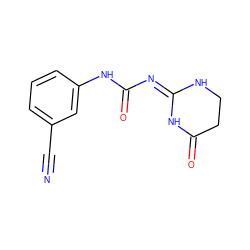 N#Cc1cccc(NC(=O)/N=C2/NCCC(=O)N2)c1 ZINC000084635226