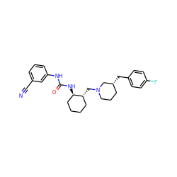 N#Cc1cccc(NC(=O)N[C@@H]2CCCC[C@H]2CN2CCC[C@@H](Cc3ccc(F)cc3)C2)c1 ZINC000013613246