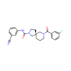 N#Cc1cccc(NC(=O)N2CC[C@@]3(CCCN(C(=O)c4cccc(F)c4)C3)C2)c1 ZINC000004238073