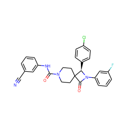 N#Cc1cccc(NC(=O)N2CCC3(CC2)C(=O)N(c2cccc(F)c2)[C@@H]3c2ccc(Cl)cc2)c1 ZINC000058602654