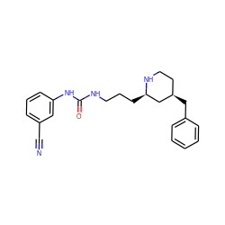 N#Cc1cccc(NC(=O)NCCC[C@@H]2C[C@H](Cc3ccccc3)CCN2)c1 ZINC000003976511