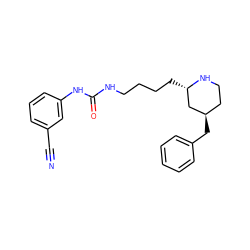 N#Cc1cccc(NC(=O)NCCCC[C@H]2C[C@H](Cc3ccccc3)CCN2)c1 ZINC000036352011