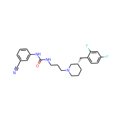 N#Cc1cccc(NC(=O)NCCCN2CCC[C@@H](Cc3ccc(F)cc3F)C2)c1 ZINC000029393754