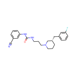 N#Cc1cccc(NC(=O)NCCCN2CCC[C@@H](Cc3cccc(F)c3)C2)c1 ZINC000029393870