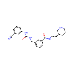 N#Cc1cccc(NC(=O)NCc2cccc(C(=O)NCC[C@@H]3CCCNC3)c2)c1 ZINC000045338387