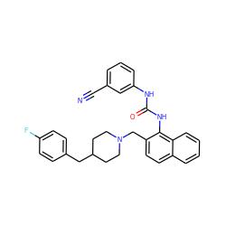 N#Cc1cccc(NC(=O)Nc2c(CN3CCC(Cc4ccc(F)cc4)CC3)ccc3ccccc23)c1 ZINC000013475815