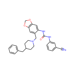 N#Cc1cccc(NC(=O)Nc2cc3c(cc2CN2CCC(Cc4ccccc4)CC2)OCO3)c1 ZINC000013475830