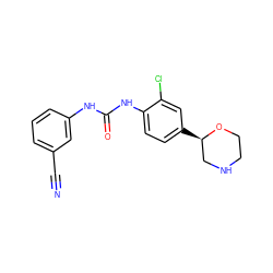 N#Cc1cccc(NC(=O)Nc2ccc([C@@H]3CNCCO3)cc2Cl)c1 ZINC000149838715